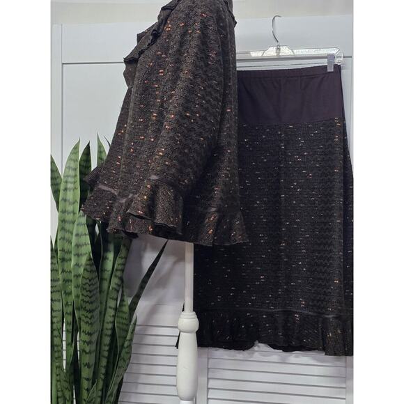 Doncaster Collection Brown Tweed Ruffled Silk Trim Jacket Blazer & Skirt Set 3X - Picture 5 of 7